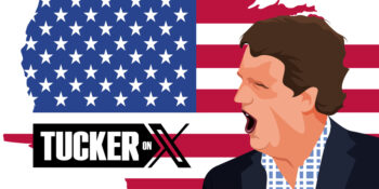 Tucker Carlson in front of the US flag and his own show's logo with the new Twitter X logo.